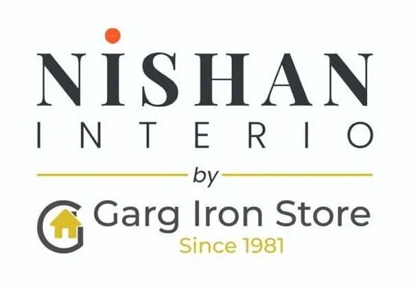 Nishan Interio logo by Garg Iron Store with red dot on N and home icon, established in 1981