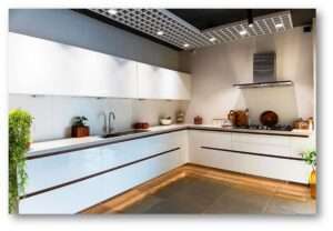 Stylish modular kitchen with white cabinets, built-in appliances, and under-cabinet lighting.