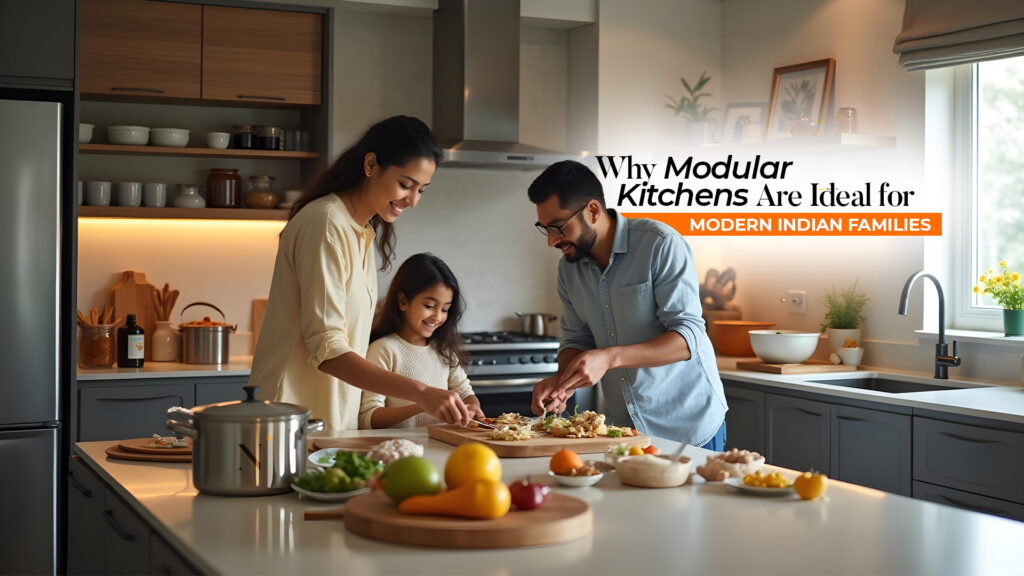 Happy Indian family cooking together in a modern modular kitchen with elegant design