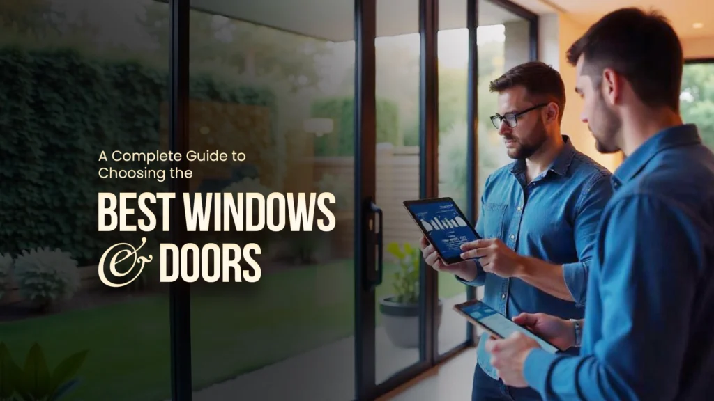 Two men selecting modern glass windows and doors using digital tablets