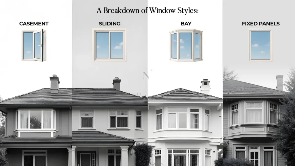 A breakdown of window styles including sliding, casement, bay, and fixed panels by Magwin – Best windows and doors in Uttarakhand.
