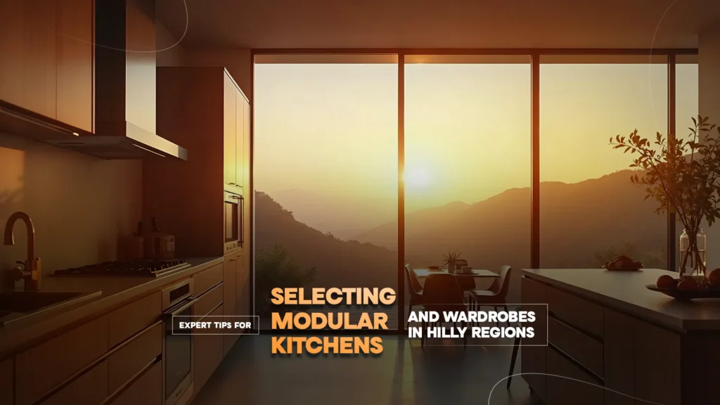 Modern modular kitchen interior with a mountain view at sunset – Best modular kitchen and wardrobes in Uttarakhand