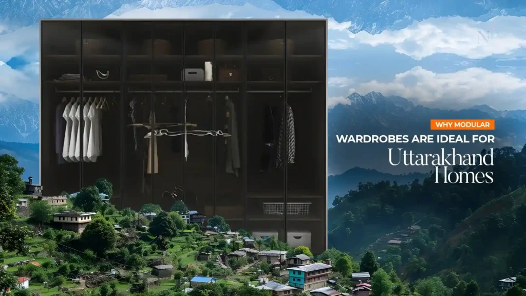 Best modular wardrobes in Uttarakhand featuring a spacious custom wardrobe design with organized storage, hanging sections, shelves, and modern aesthetics for contemporary homes