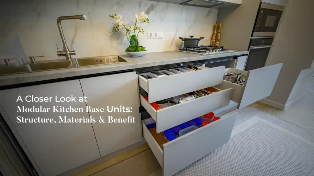 Best modular kitchen in Uttarakhand featuring modern base units with organized drawers, efficient storage solutions, premium materials, and functional kitchen cabinet design