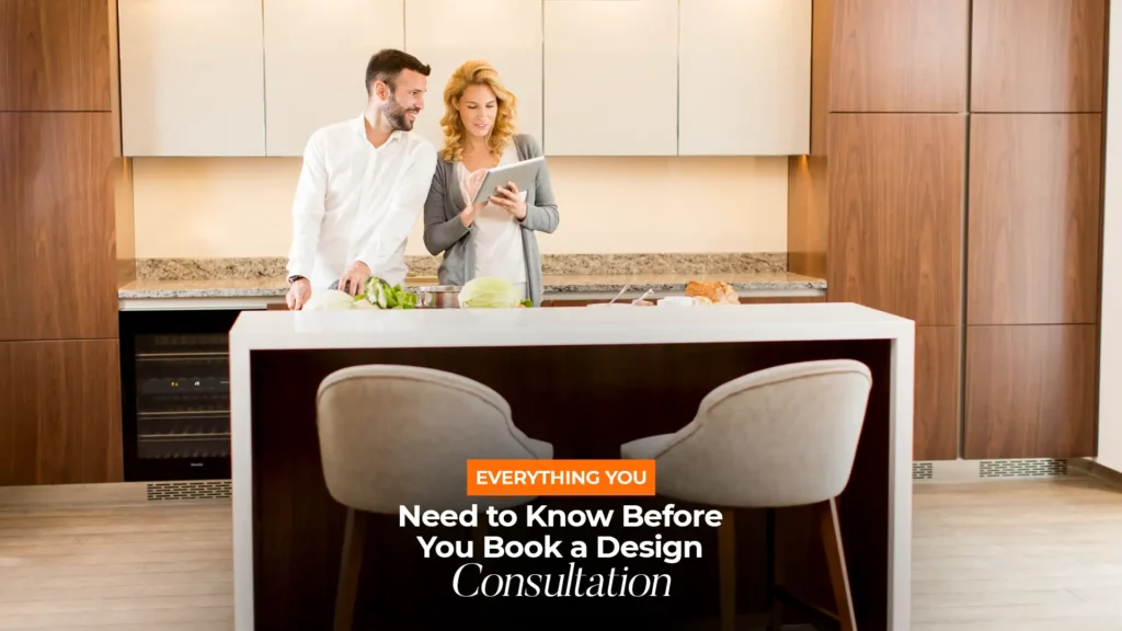 Couple reviewing design plans in a modern kitchen — Contact for custom kitchen and wardrobes in Uttarakhand