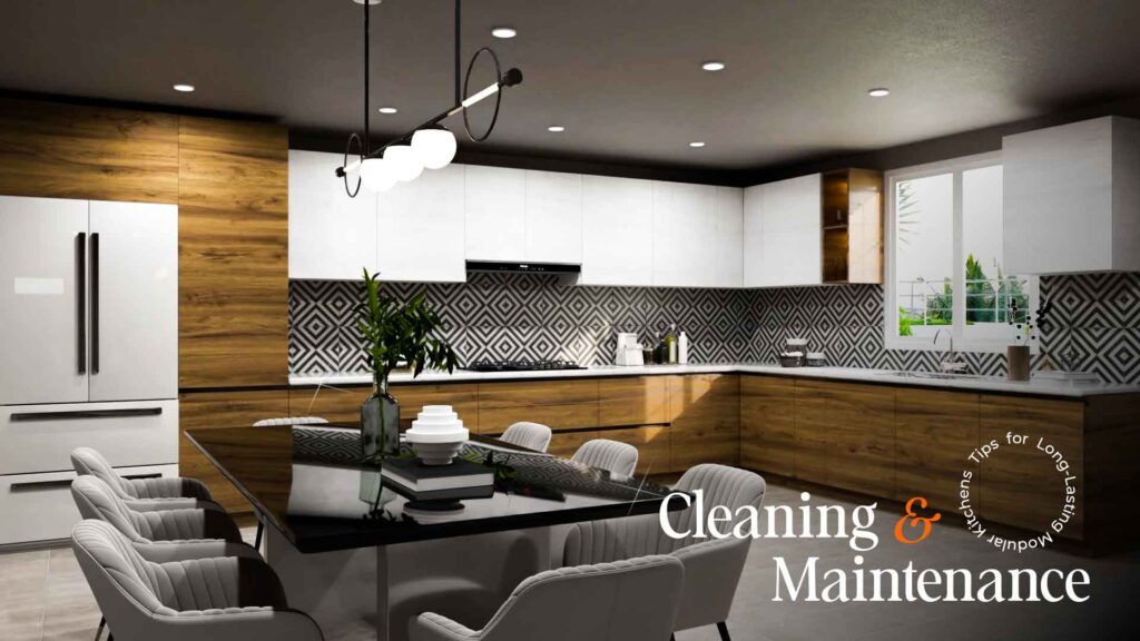 Modern kitchen setup with cleaning and care tips by Nishan Interiors, offering the Best modular kitchen in Uttarakhand