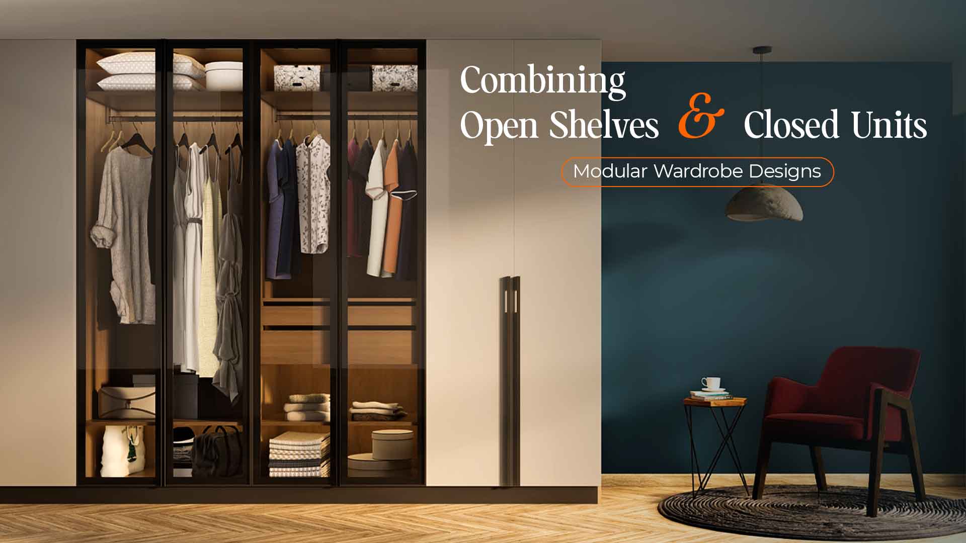 Elegant modern interior showcasing the best modular wardrobes in Uttarakhand with open shelves and closed units