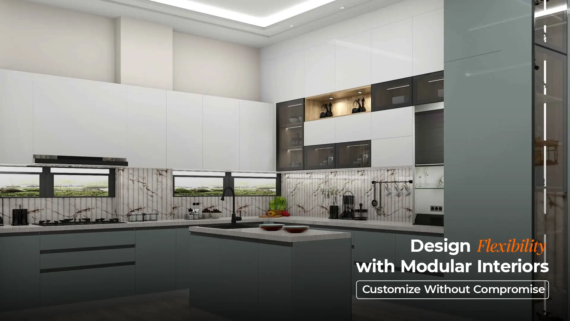 Modern L-shaped modular kitchen with high cabinets and custom storage – best modular kitchen and wardrobes in Uttarakhand