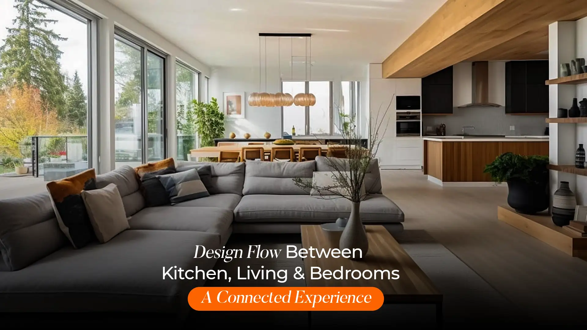 Modern interior designs in Uttarakhand showcasing a cohesive layout between kitchen, living room, and bedroom