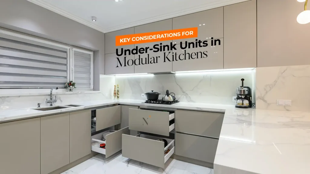Best modular kitchen in Uttarakhand with under-sink cabinet design, soft-close drawers, and quartz countertop in a modern kitchen layout
