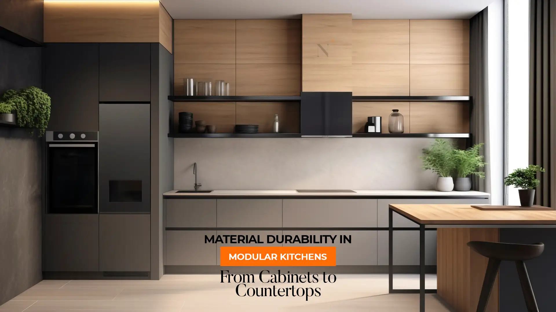 Modern wooden and matte black modular kitchen interior – Best Modular Kitchen in Uttarakhand