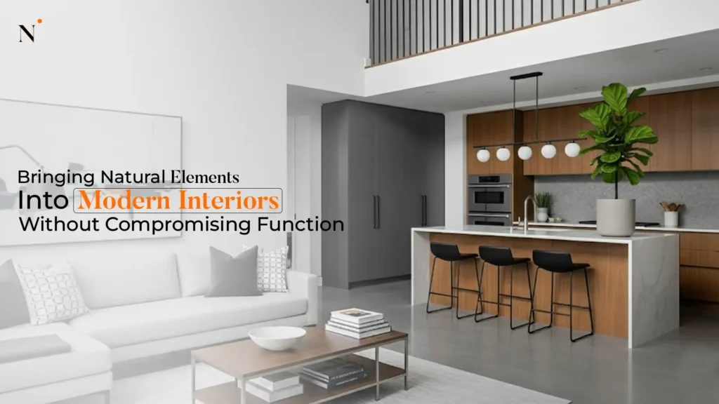 Modern Interior Designs in Uttarakhand featuring natural elements in a functional living room and kitchen space