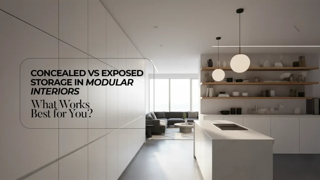 Modern kitchen with open shelves and concealed cabinets by the Best Modular Kitchen and Wardrobes in Uttarakhand for stylish interiors
