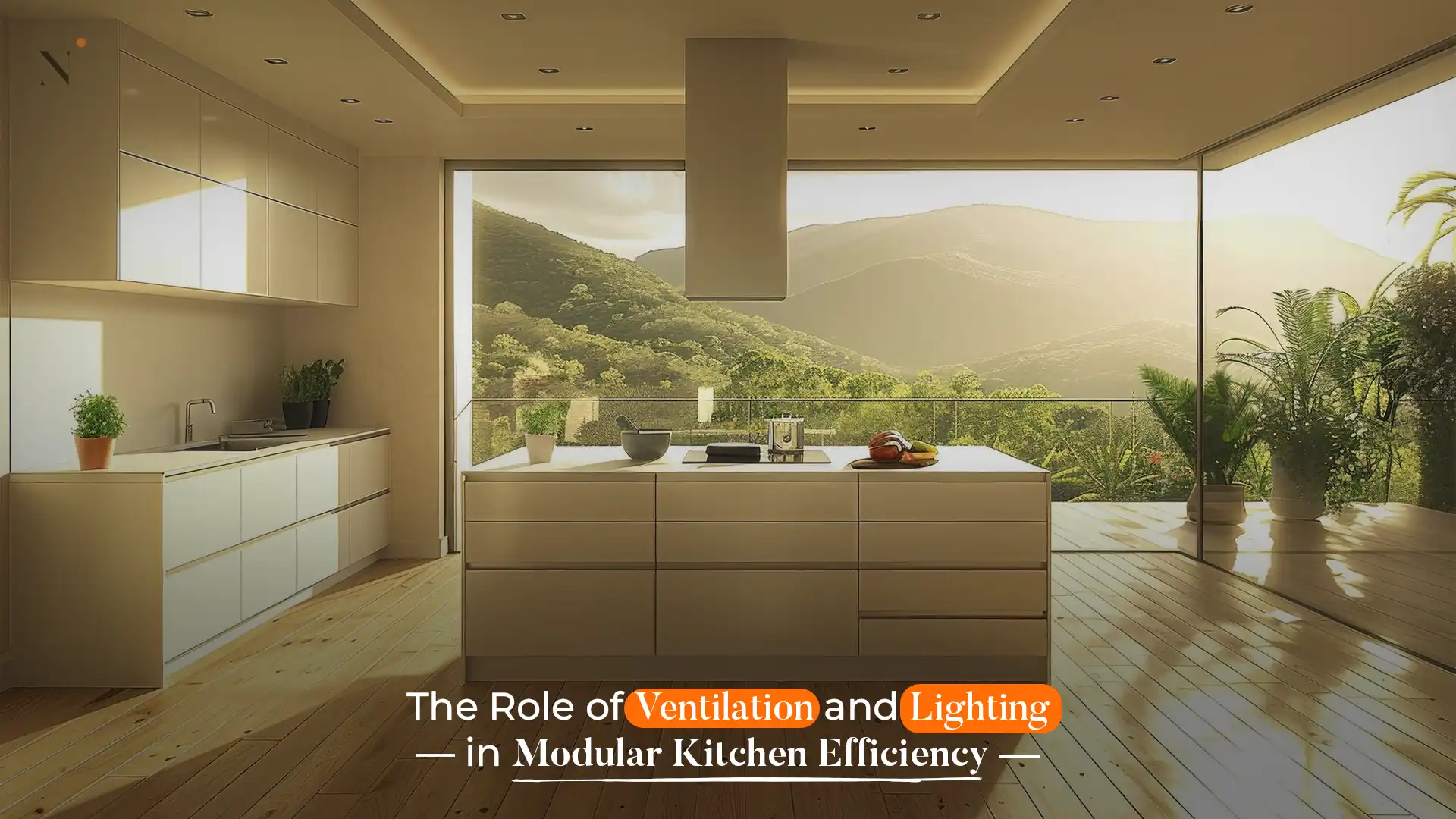 Modern modular kitchen with natural lighting and scenic mountain views, showcasing the best modular kitchen in Uttarakhand for style and efficiency.