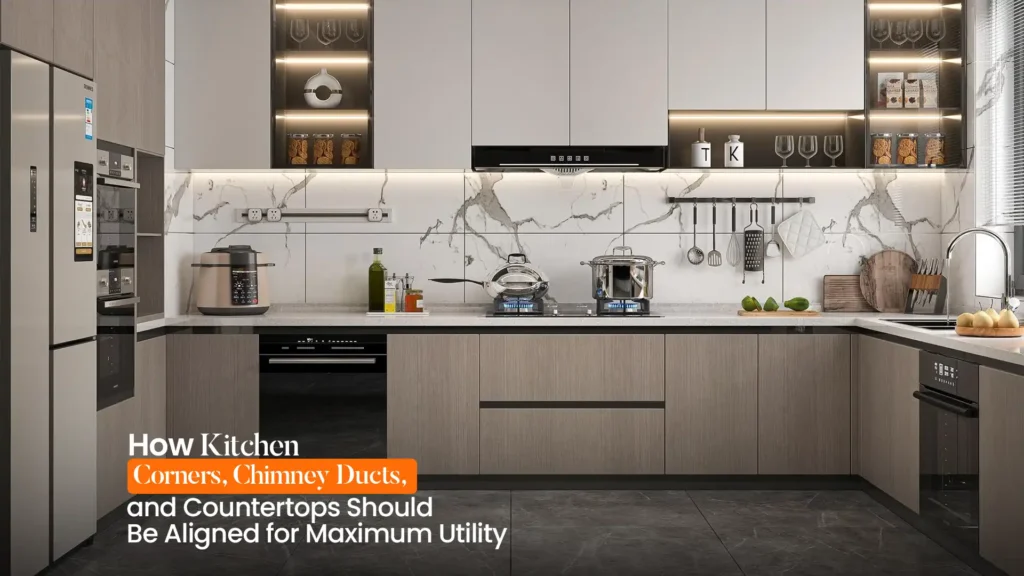 Modern modular kitchen layout by the Best Modular Kitchen in Rudrapur with aligned corners, chimney ducts, and countertops