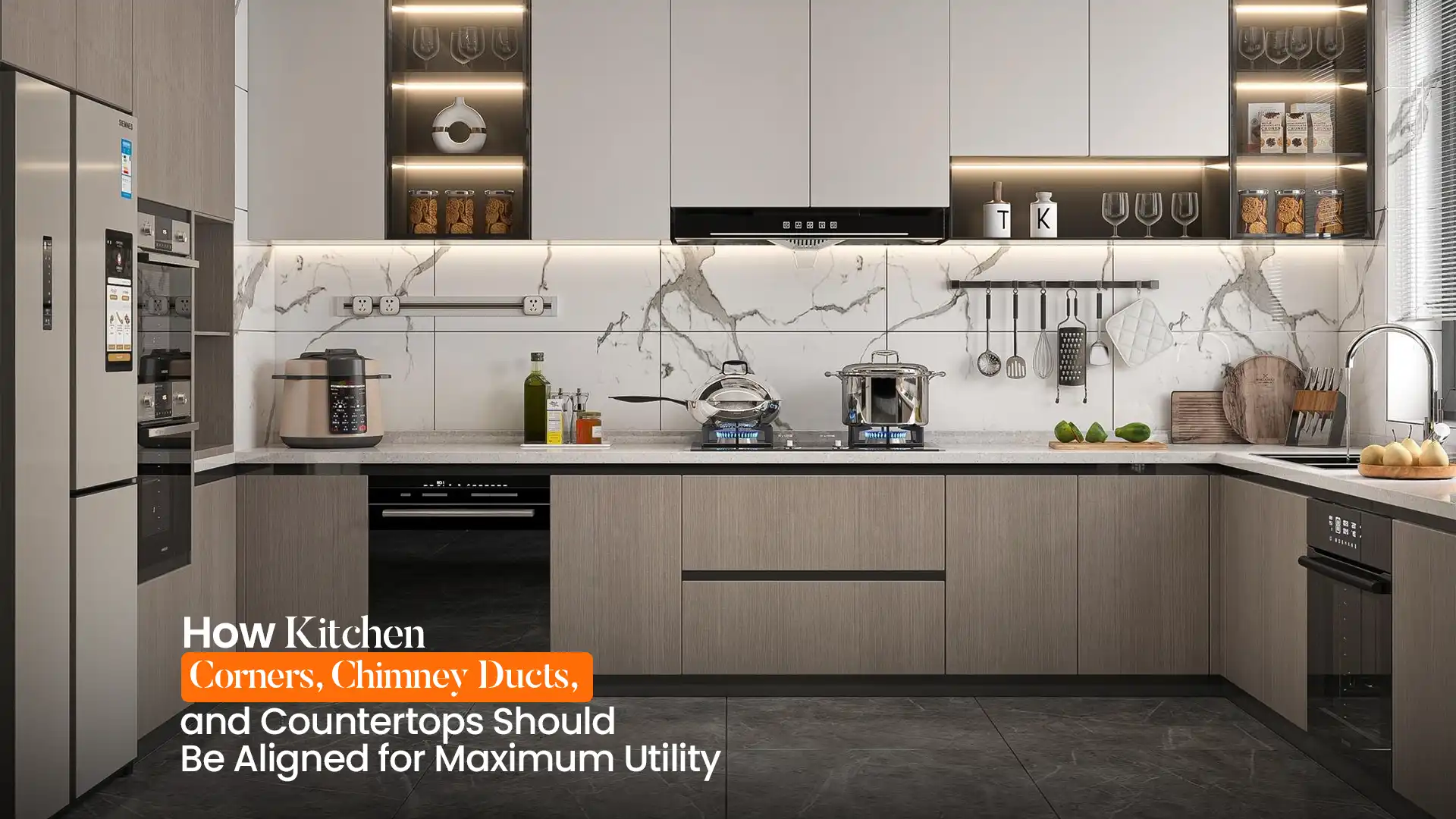 Modern modular kitchen layout by the Best Modular Kitchen in Rudrapur with aligned corners, chimney ducts, and countertops