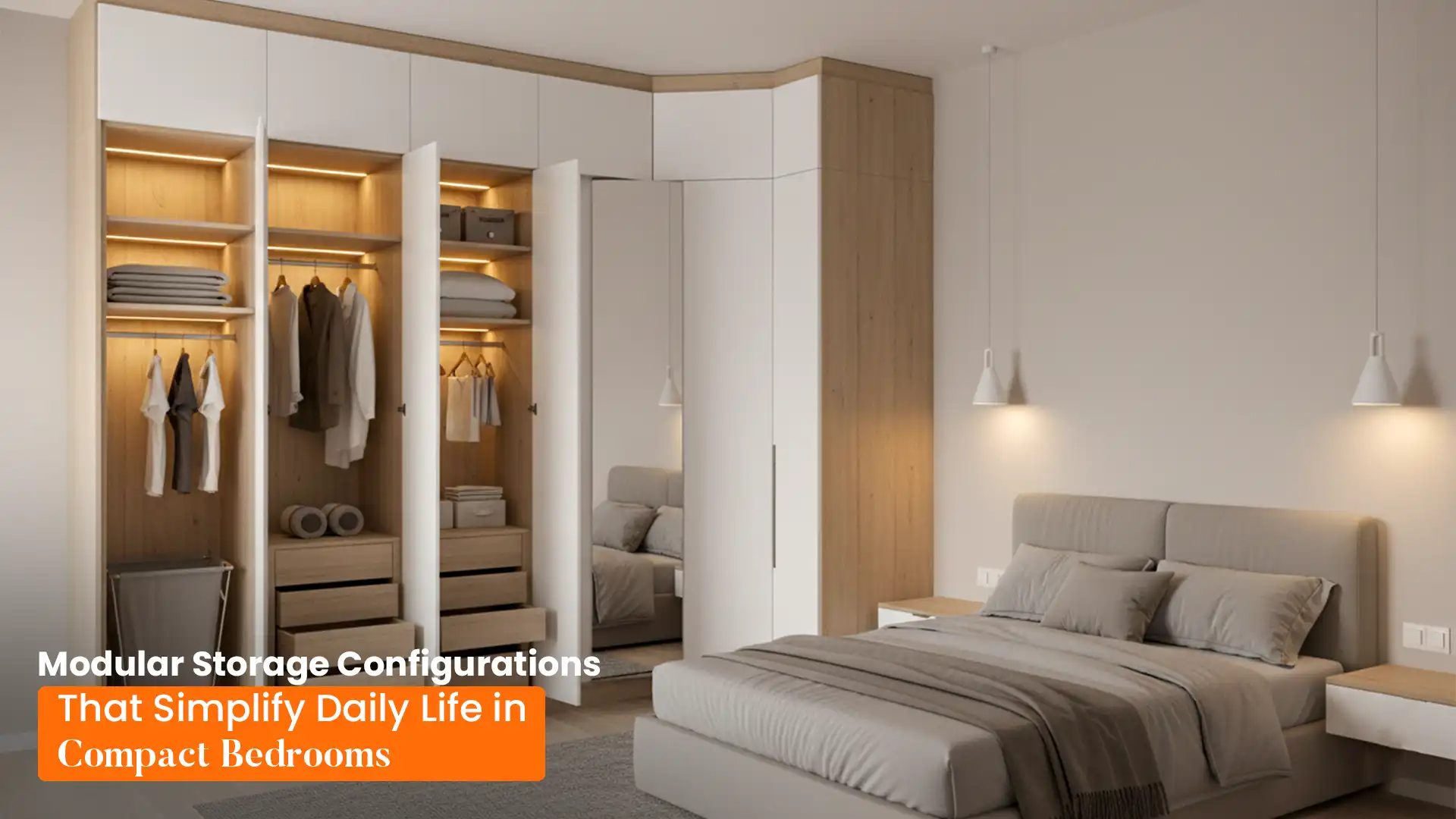 Stylish bedroom interior with sleek modular wardrobes, showcasing the best modular wardrobes in Haldwani.
