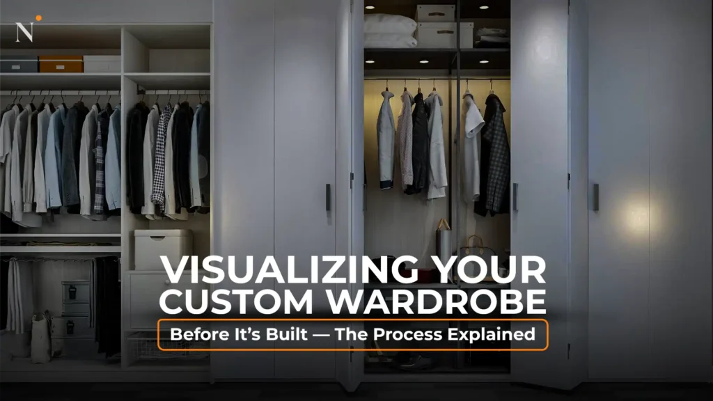 Modern custom wardrobe design with organized shelves and hanging space, promoting contact for custom kitchen and wardrobes in Ranikhet