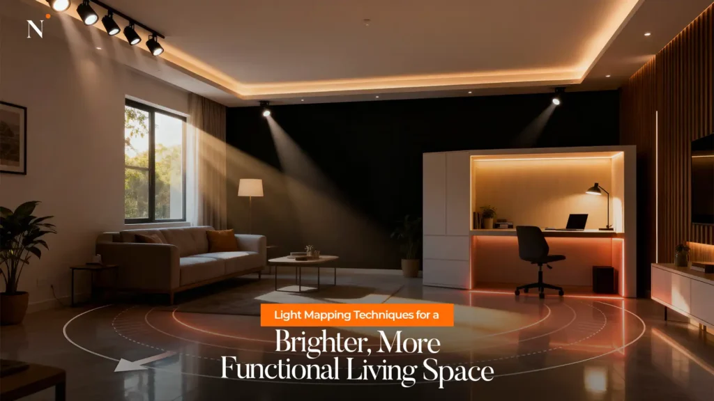 modern interior designs in Haldwani bright functional living room with light mapping
