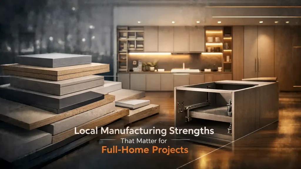 Best home interior manufacturer in Sitarganj showcasing locally manufactured modular cabinets, premium boards, and precision-built kitchen interiors