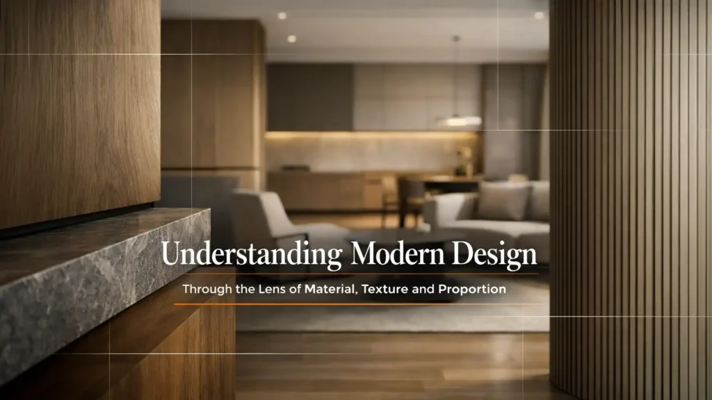 Modern interior designs in Haldwani showcasing balanced proportions, natural materials, warm textures, and contemporary living spaces