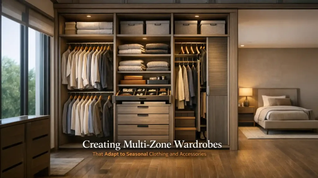 Modern multi-zone modular wardrobe with hanging space, drawers, and shelves showcasing the best modular wardrobes in Haldwani