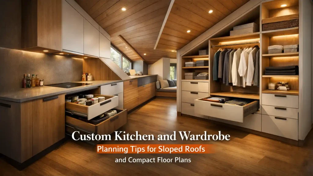 Contact for custom kitchen and wardrobes in Ranikhet featuring a space-efficient kitchen and wardrobe design for sloped roofs