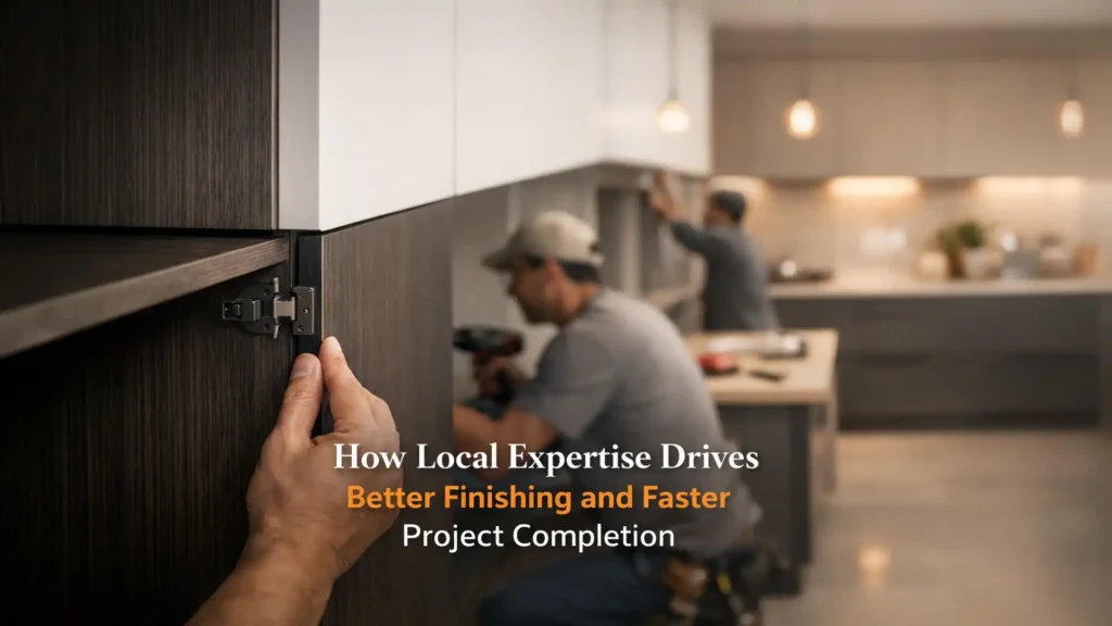 Skilled interior craftsmen installing modular cabinets, showcasing the best home interior manufacturer in Sitarganj