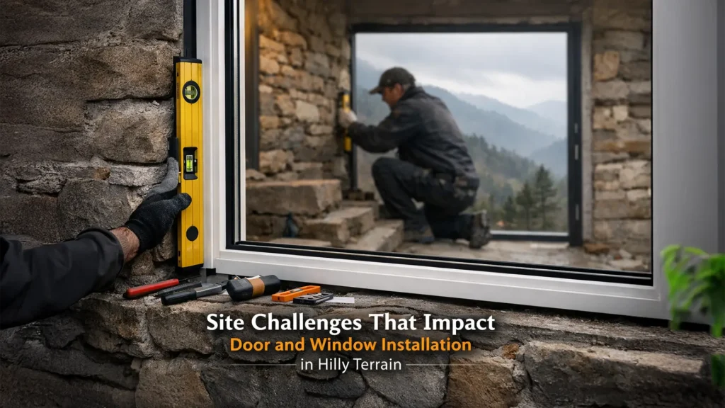 Professional installation of windows and doors in a hilly site, highlighting the best windows and doors in Ranikhet for mountain conditions