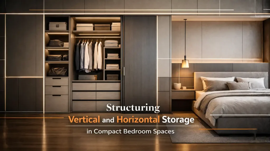 Modern compact bedroom featuring vertical and horizontal wardrobe storage, showcasing the best modular wardrobes in Haldwani