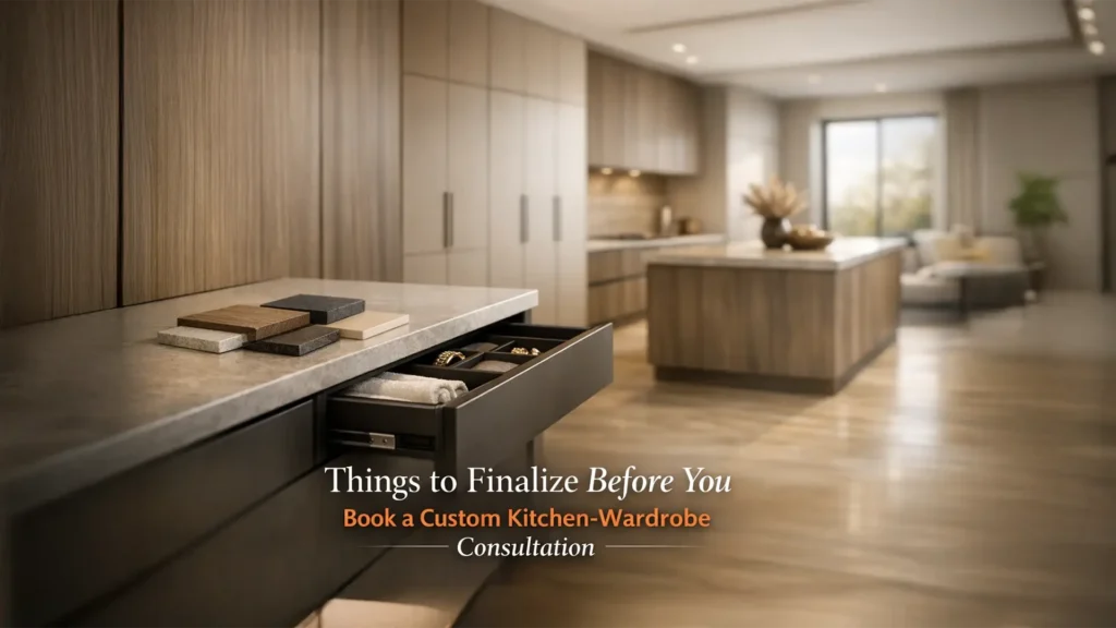 Modern modular kitchen and wardrobe interior showcasing storage solutions—contact for custom kitchen and wardrobes in Ranikhet