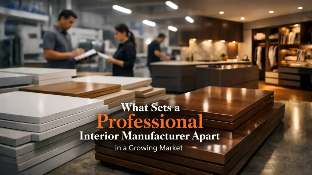 Interior manufacturing facility with material selection and quality checks, representing the best home interior manufacturer in Sitarganj