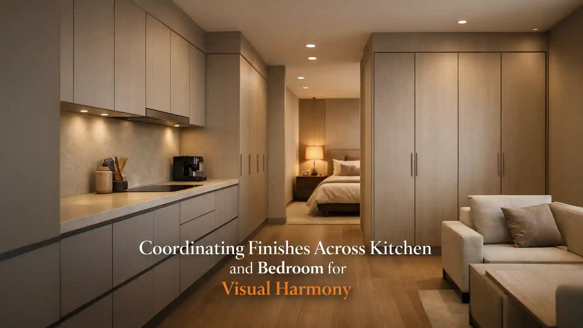 Modern interior showcasing coordinated modular kitchen and bedroom wardrobes by the Best Modular Kitchen and Wardrobes in Kashipur