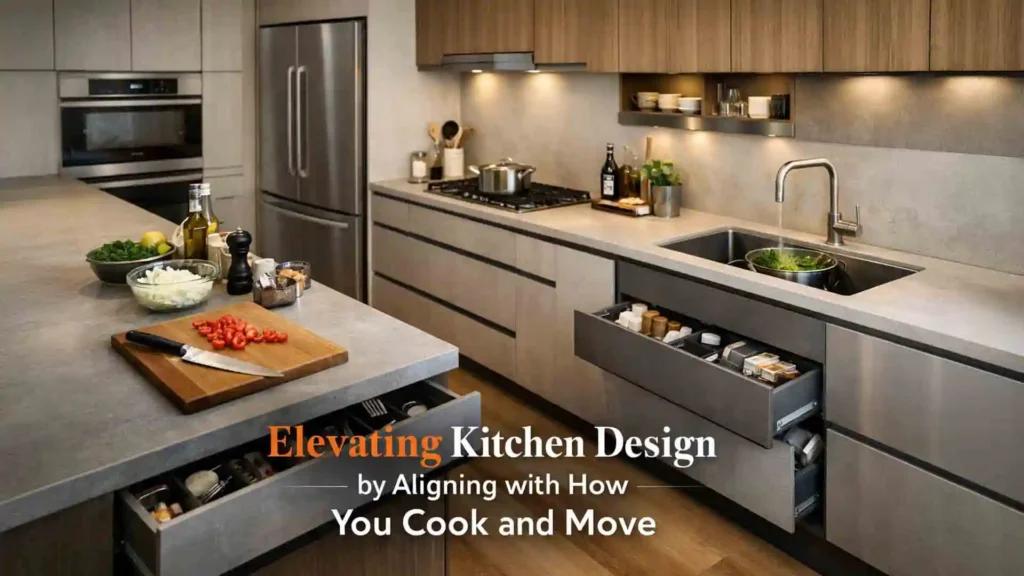 Modern L-shaped modular kitchen with island storage and soft-close drawers showcasing the best modular kitchen in Rudrapur