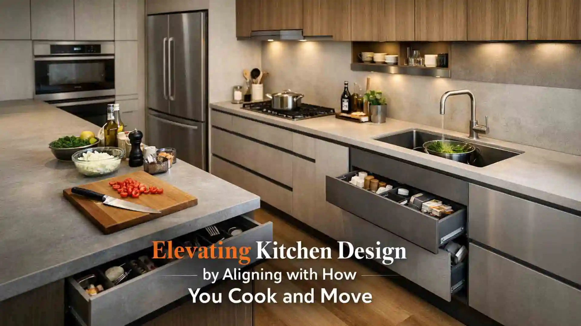 Modern L-shaped modular kitchen with island storage and soft-close drawers showcasing the best modular kitchen in Rudrapur