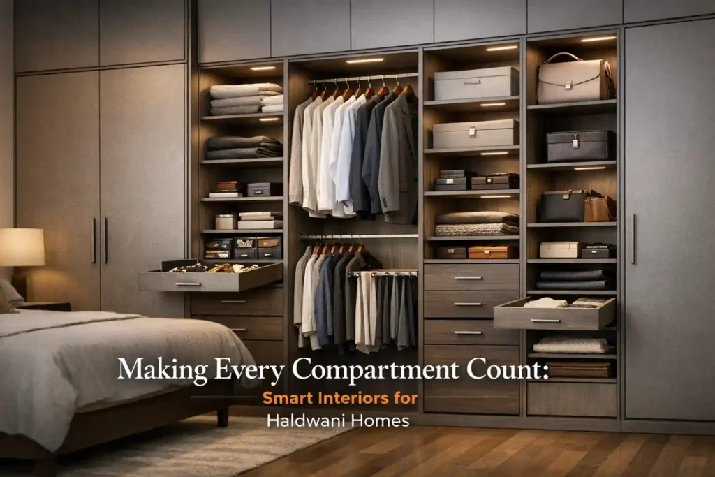 Modern bedroom featuring a stylish modular wardrobe with organized compartments, drawers, shelves, and hanging space – best modular wardrobes in Haldwani
