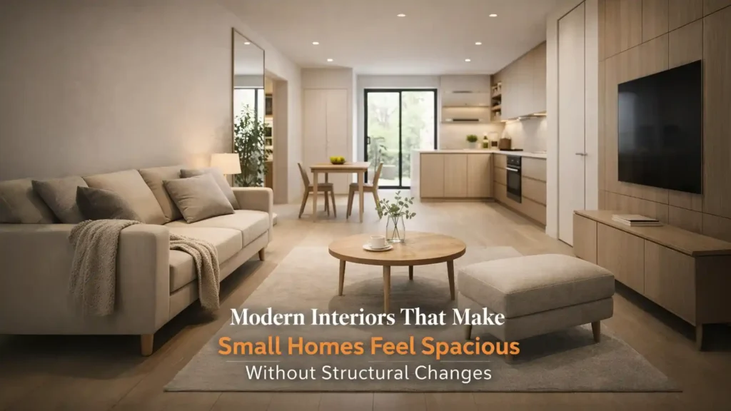 Modern interior designs in Haldwani showcasing a stylish small home with open layout, neutral tones, and space-saving furniture
