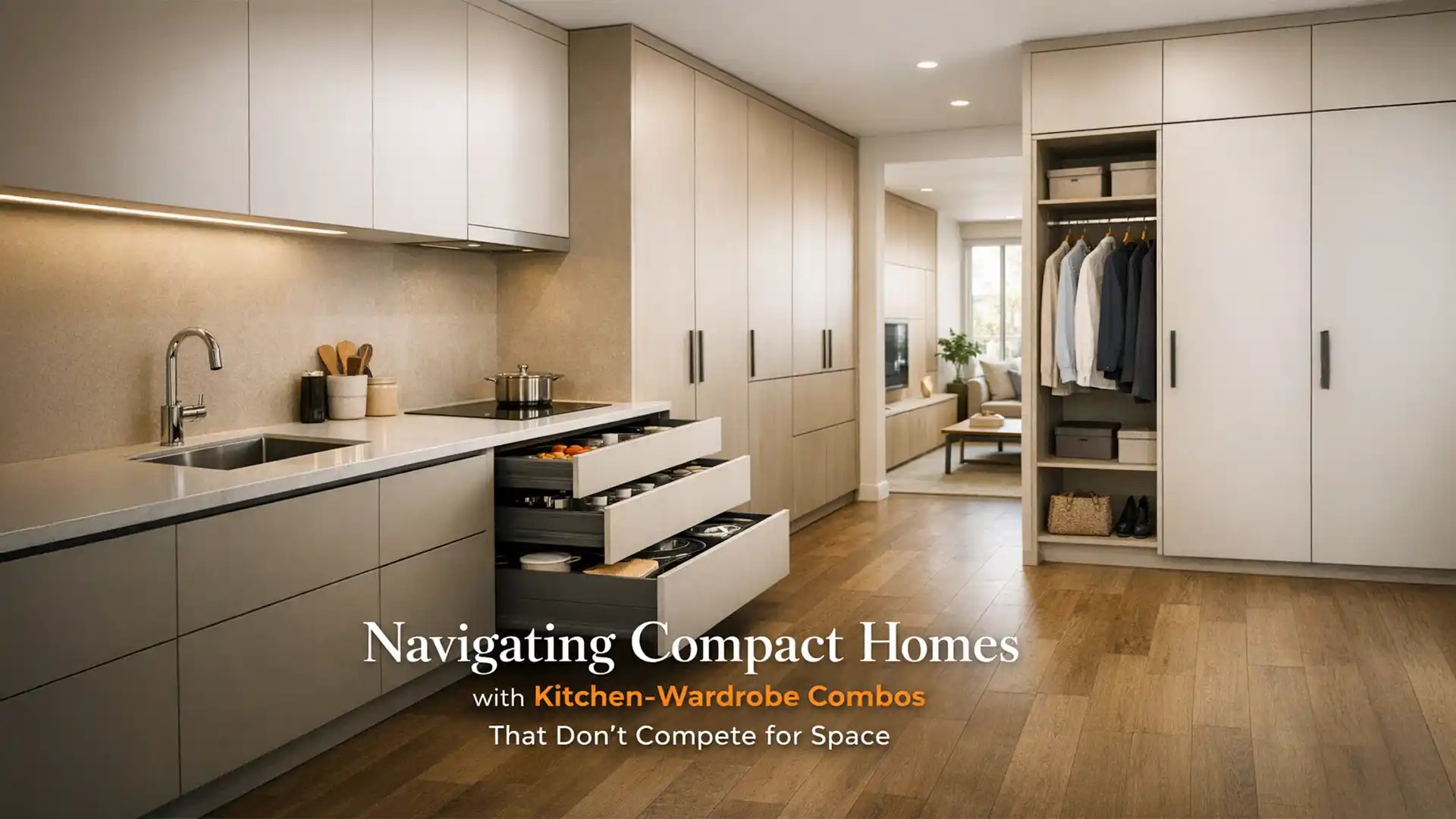 Modern compact home interior showcasing the Best Modular Kitchen and Wardrobes in Kashipur with smart storage and wardrobe integration