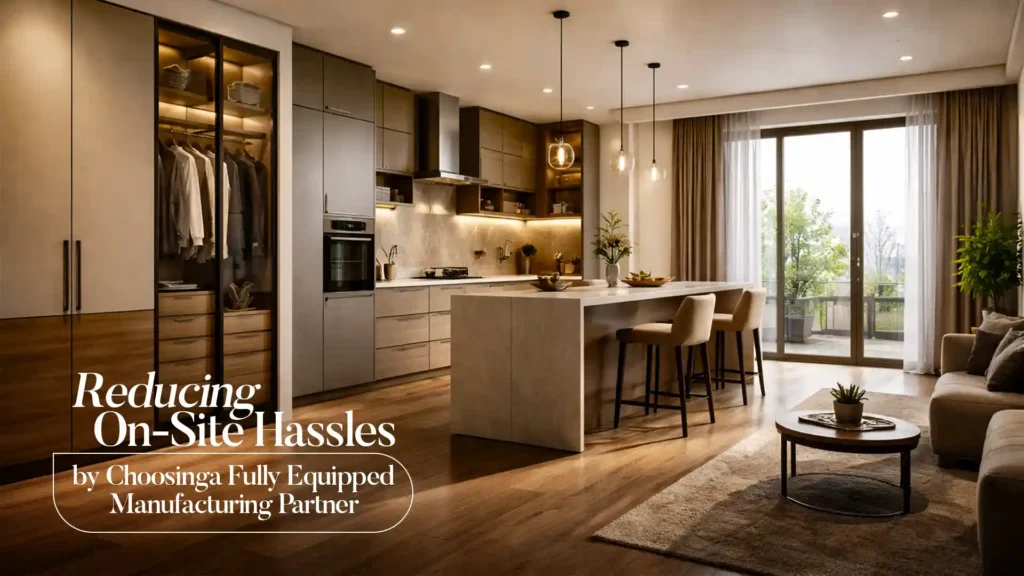 Modern modular kitchen and wardrobe setup by the best home interior manufacturer in Sitarganj with smart storage and elegant finish