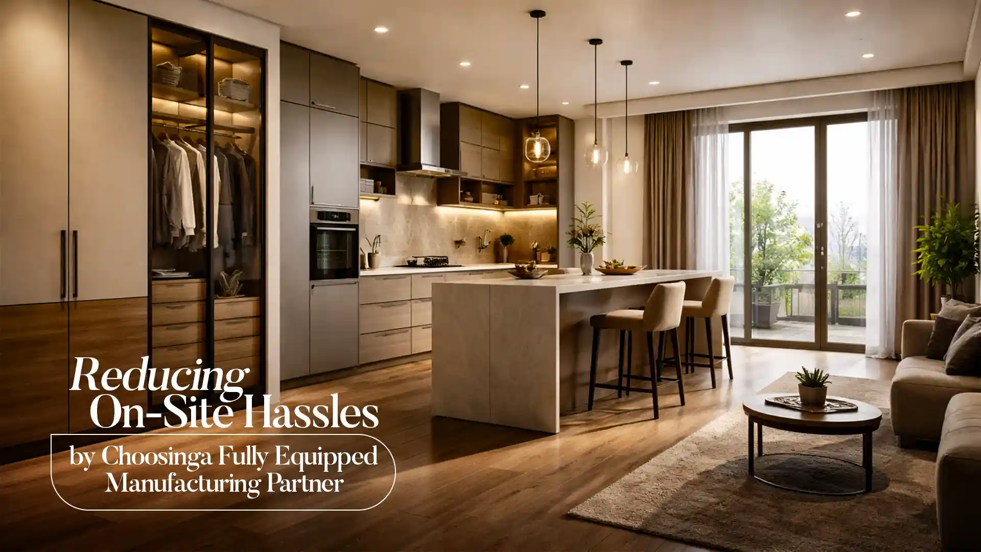 Modern modular kitchen and wardrobe setup by the best home interior manufacturer in Sitarganj with smart storage and elegant finish