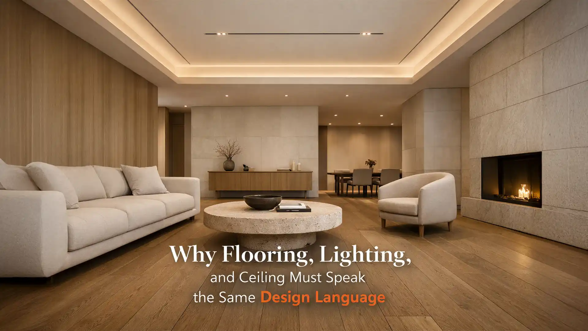 Modern interior designs in Haldwani featuring coordinated flooring, ambient ceiling lighting, and minimalist living room setup