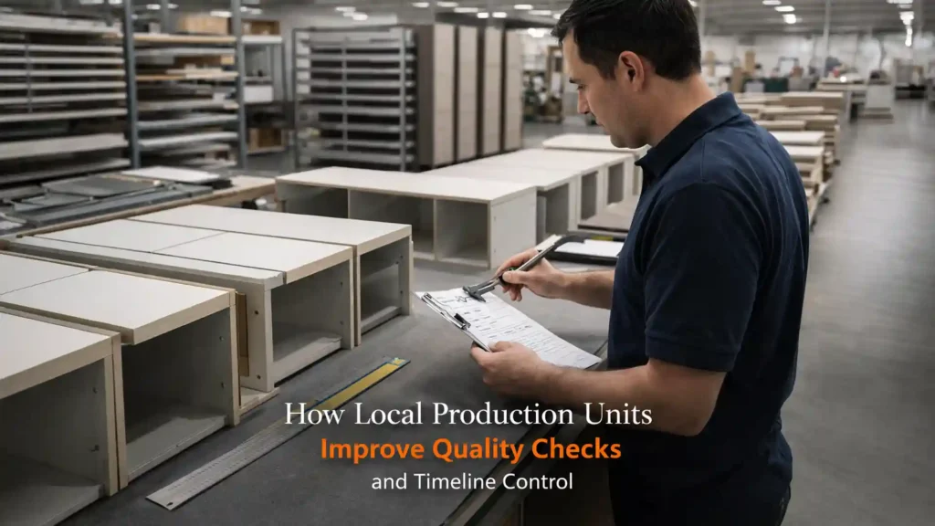 Quality inspection process by the Best Home Interior Manufacturer in Sitarganj checking modular furniture production in a factory