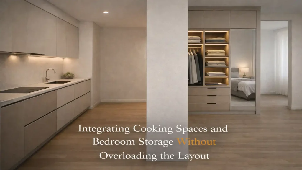 Modern modular kitchen with sleek cabinets and a custom bedroom wardrobe with shelves, drawers, and hanging space – Best Modular Kitchen and Wardrobes in Kashipur