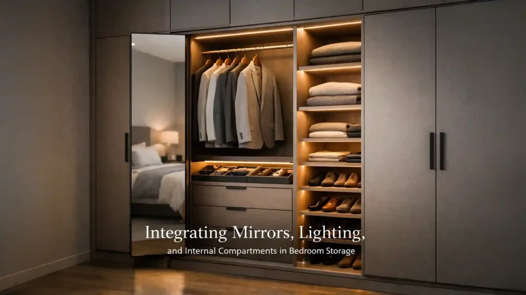 Modern bedroom storage with integrated lighting and mirror showcasing the Best Modular Wardrobes in Haldwani