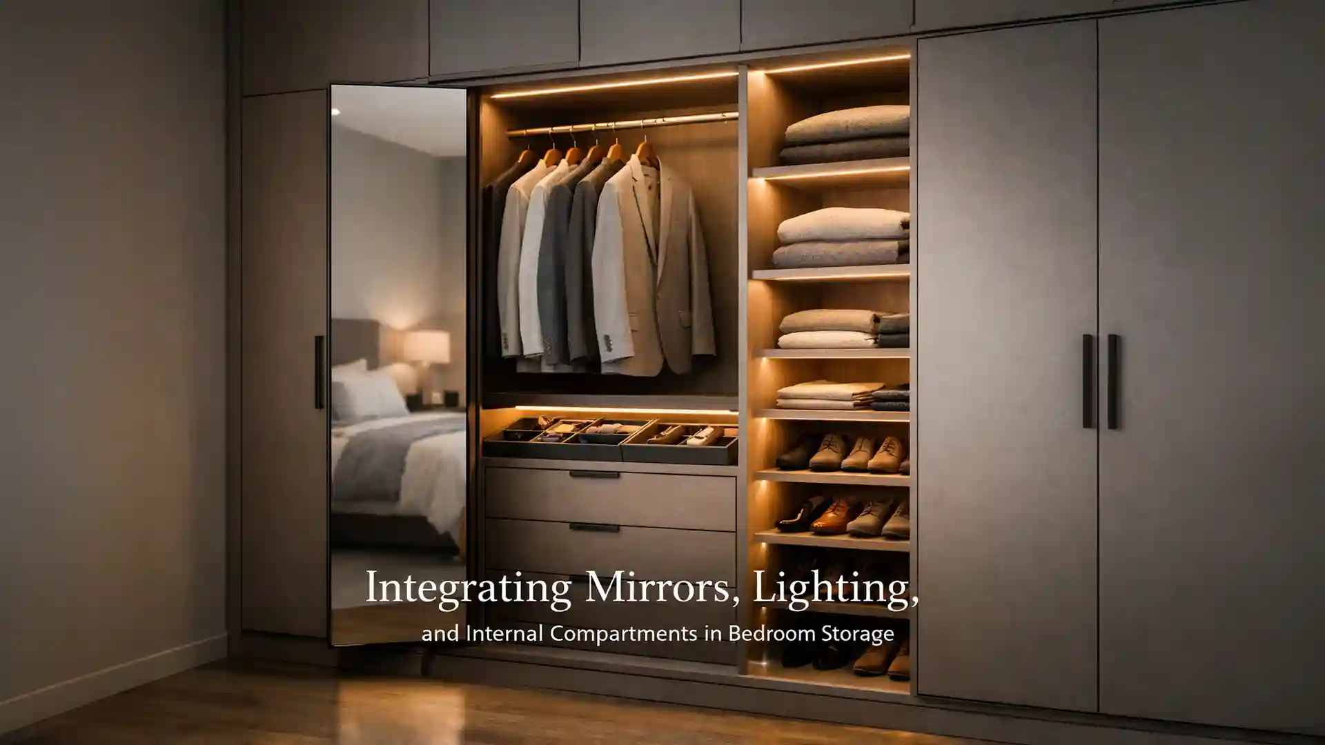 Modern bedroom storage with integrated lighting and mirror showcasing the Best Modular Wardrobes in Haldwani