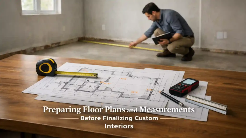 Interior designer measuring floor space and reviewing layout plans for Contact for Custom Kitchen and Wardrobes in Ranikhet