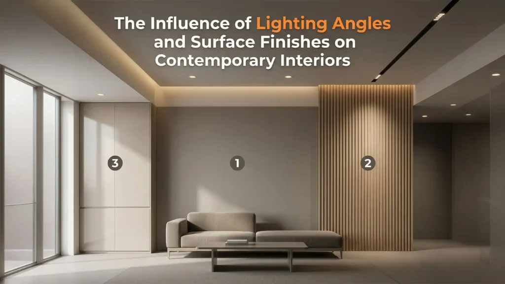 Contemporary living room with minimal furniture, textured wall panels, and ambient ceiling lighting showcasing Modern Interior Designs in Haldwani