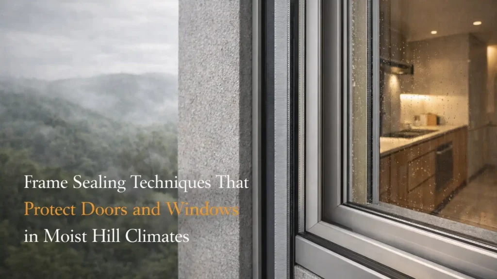 Close-up of a sealed window frame with rain droplets showing moisture protection features, representing the Best Windows and Doors in Ranikhet for hill climates