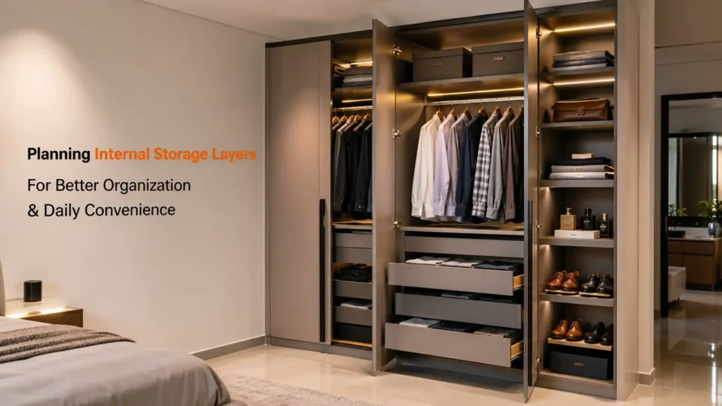 Best Modular Wardrobes in Haldwani with internal storage layers for organized clothing, drawers, shelves, and modern bedroom design