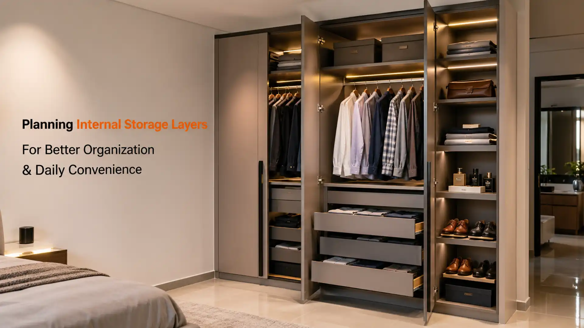 Best Modular Wardrobes in Haldwani with internal storage layers for organized clothing, drawers, shelves, and modern bedroom design